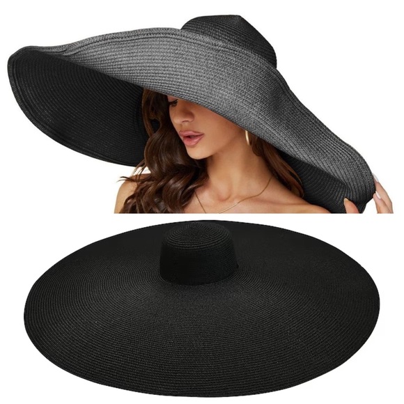 🌸 XL FLOPPY HAT SUN VACATION LARGE OVERSIZED BLACK BOHO BEACH POOL HEAD COVER - Picture 11 of 16